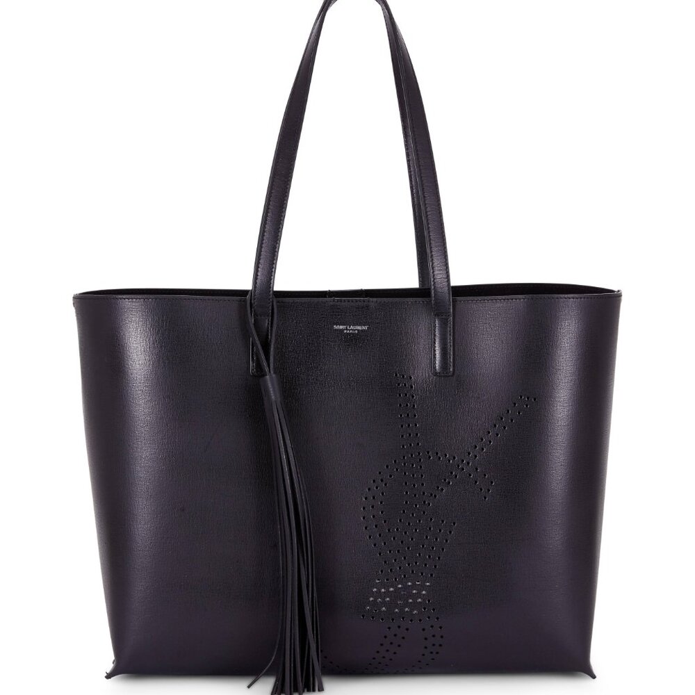 SAINT LAURENT BLACK LEATHER PERFORATED LOGO LARGE TOTE